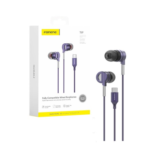 Auscultadores Foneng T69 in Ear Tipo-C 1,2m Roxo